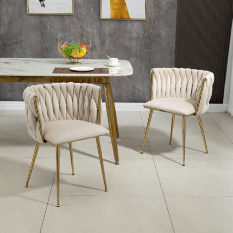 Juego de 2 sillas respaldo tejido tacto suave asiento acolchado terciopelo 55.5x41x74cm color marfil