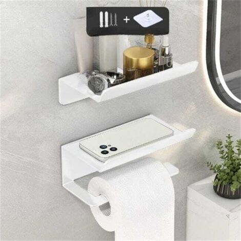 Juego de 2 soportes de papel higiénico de pared, no requiere perforación – Estante de baño de 16,5 x 10 x 6 cm, blanco, práctico e impermeable.