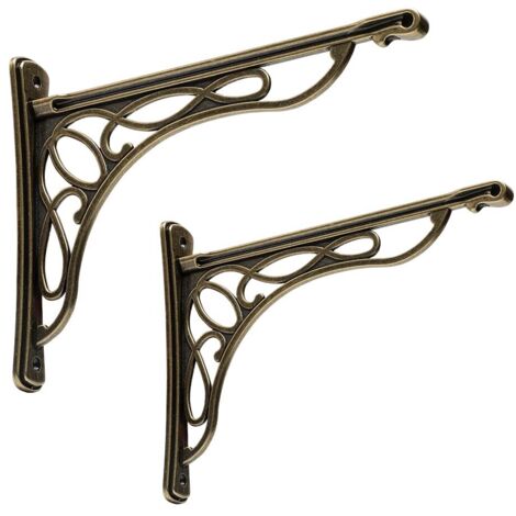 Juego de 2 soportes de pared de hierro fundido para estantes, acabado en latón antiguo, 24,1 x 19,1 cm.