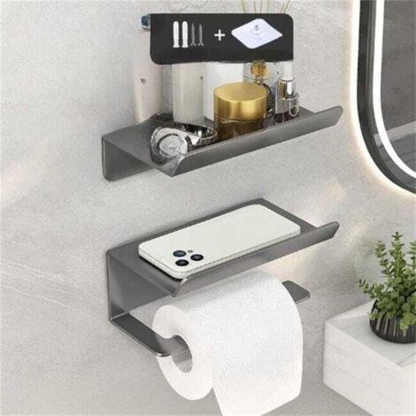 Juego de 2 soportes para papel higiénico sin necesidad de taladrar, estante de baño gris de 16,5 × 10 × 6 cm, diseño moderno y duradero.