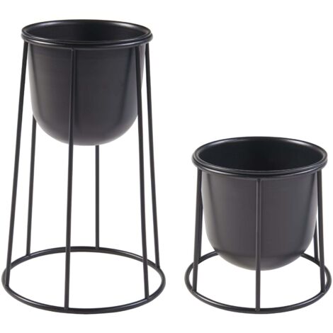 Juego de 2 soportes para plantas de diferentes tamaños con jardineras de metal negro 030010594