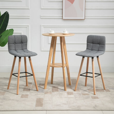 Juego de 2 Taburetes Altos de Cocina con Respaldo Reposapiés Patas de Madera Estilo Moderno Gris