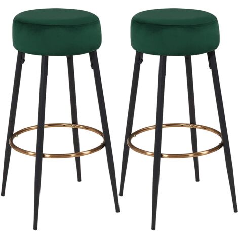 Juego de 2 taburetes de bar con estructura de metal de tela de terciopelo verde oscuro con reposapiés TDB09216