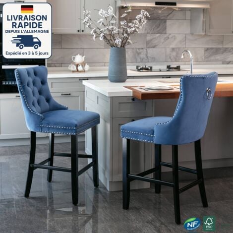 MODFU Juego de 2 taburetes de bar de madera y terciopelo - Tapizado capitoné y patas de madera - Acabado cromado con tachuelas - Azul