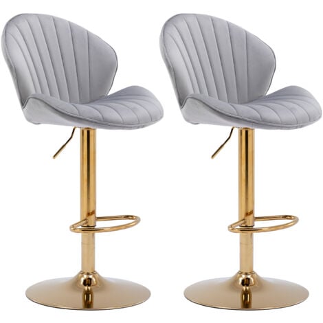 Juego de 2 Taburetes de Bar de Terciopelo de Altura Ajustable con Respaldo en Forma de Concha para el Hogar Bar Restaurante, Gris, Wahson