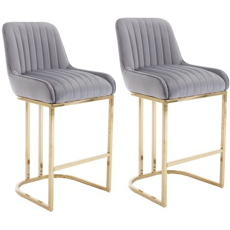 Juego de 2 Taburetes de Bar de Terciopelo Modernos con Respaldo Acolchado Taburetes de Desayuno con Patas de oro para el hogar bar Cocina Restaurante, Gris, Wahson