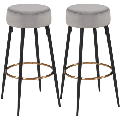 Juego de 2 taburetes de bar en tela de terciopelo gris con estructura de metal y reposapiés TDB09149