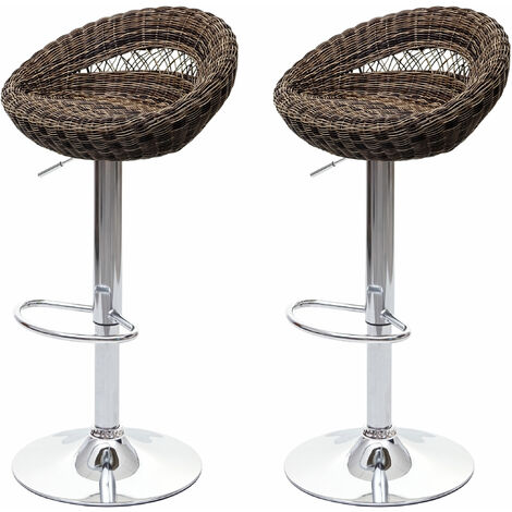 Juego de 2 taburetes de bar HHG-058, taburete de bar taburete giratorio, interior/exterior poly rattan certificado MVG cromado