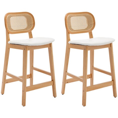 WAHSON OFFICE CHAIRS Juego de 2 Taburetes de Bar Madera Tapizado Cuero Sillas de Bar con Respaldo de Rattán Sillas de Mostrador para Isla de Cocina, Blanco, Wahson