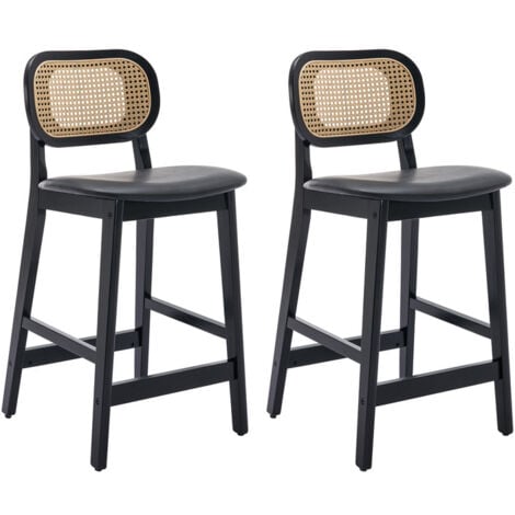 Juego de 2 Taburetes de Bar Madera Tapizado Cuero Sillas de Bar con Respaldo de Rattán Sillas de Mostrador para Isla de Cocina, Negro