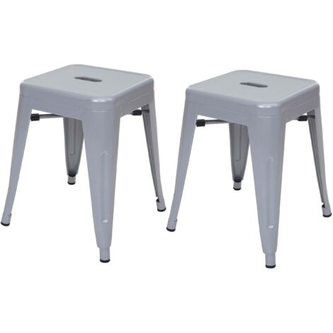 Juego de 2 taburetes HHG-804, taburete de metal asiento taburete, metal diseño industrial apilable, gris