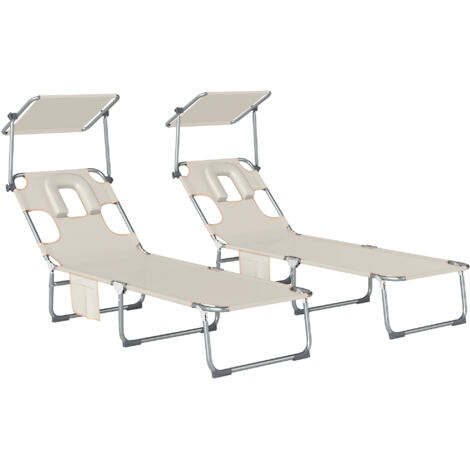 Juego de 2 tumbonas plegables reclinables con toldo de 360°, abertura para la cara, bolsillo lateral y tejido Textilene de 550 g/m², color beige.