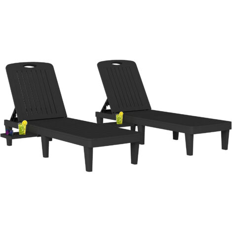Juego de 2 tumbonas reclinables de plástico PP negro con bandeja lateral, respaldo ajustable en 5 posiciones, 192 x 57 x 28,5 cm.