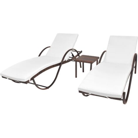 Juego de 2 tumbonas tumbona para tomar el sol cama de jardín terraza muebles de exterior con mesa de resina tejida marrón