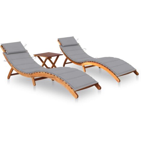 Juego de 2 tumbonas tumbona para tomar el sol cama de jardín terraza muebles de exterior con mesa y cojines de acacia maciza 020012096