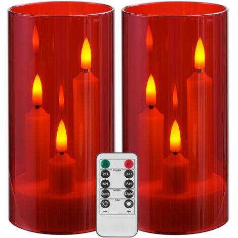 Juego de 2 velas sin llama a pilas con mando a distancia y temporizador, LED de tres mechas, ideales para bodas románticas y decoración del hogar (rojo).