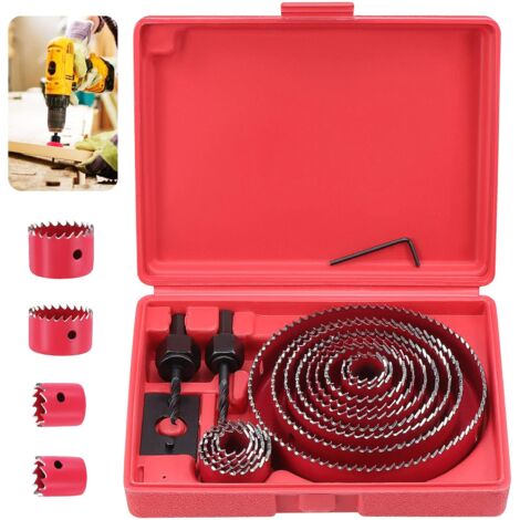 Juego de 20 brocas de corona bimetálicas de acero al carbono de 19-127 mm con estuche para madera, placas de yeso y placas de escayola (rojo)