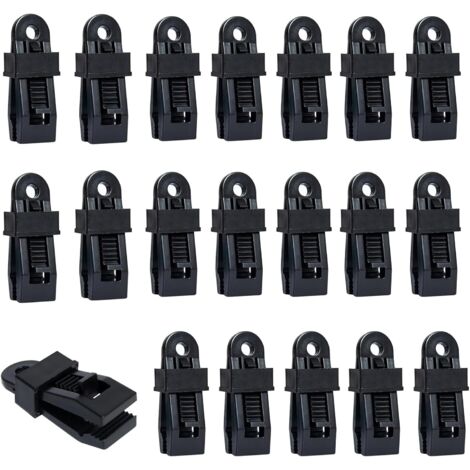 Juego de 20 clips ajustables para lonas de tiendas de campaña, resistentes y versátiles, para toldos, tiendas de campaña, marquesinas y camping, color negro.