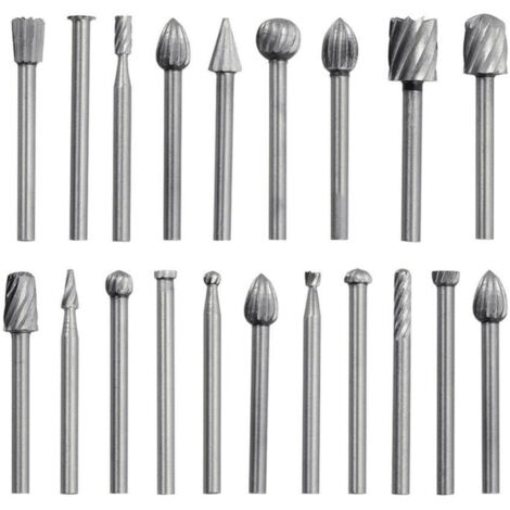 Juego de 20 fresas de carburo para amoladoras rotativas y taladros eléctricos, vástago de 3 mm.