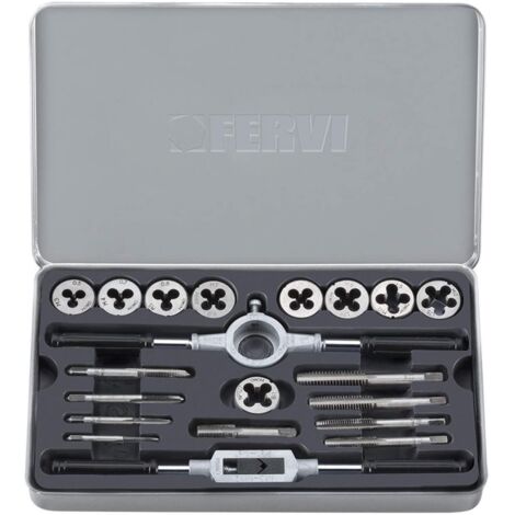 JUEGO DE 20 PZ MACHOS Y COJINETES DE ACERO M3-M12 Y 1/8" FERVI M020