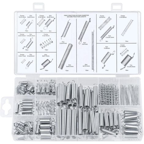 Juego de 200 muelles: varios muelles de extensión, muelles oscilantes, muelles de compresión de acero inoxidable y muelles de acero en una práctica caja de almacenamiento.