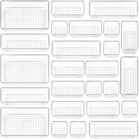 Juego de 25 organizadores de cajones – 4 tamaños, almacenamiento de cajones de plástico transparente – Perfectos para el baño, tocador, oficina, cocina.