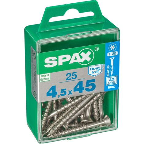 Juego de 25 tornillos SPAX de cabeza avellanada torx de acero inoxidable, Diam.4,5 mm x L.45 mm SPAX