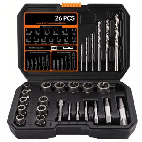 Juego de 26 extractores de tornillos y tuercas para quitar pernos, tuercas y tornillos dañados, atascados o rotos. Incluye un estuche resistente para guardarlos.