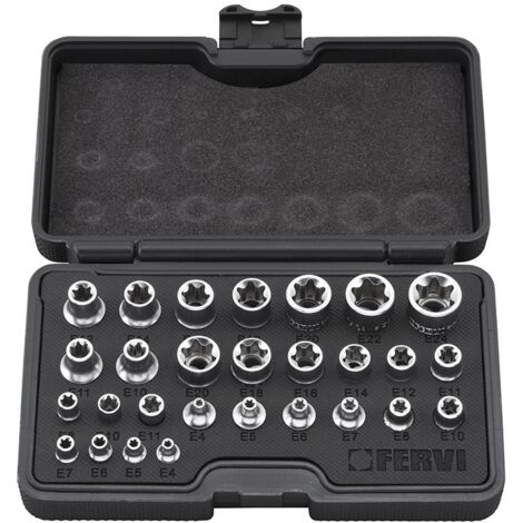 JUEGO DE 28 PZ LLAVES DE VASO PERFIL TORX 1/4" 3/8" 1/2" FERVI 0195