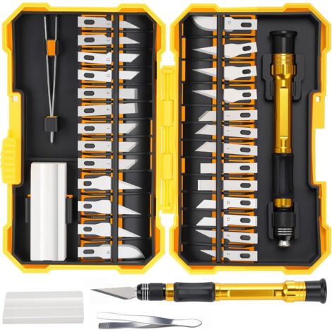 Juego de 29 piezas de cuchillos de precisión, juego de bisturíes, juego de cuchillos para manualidades, 1 cuchillo pequeño + 26 cuchillas + 1 punzón + 1 amoladora de uñas + 1 piedra de amolar, bricola