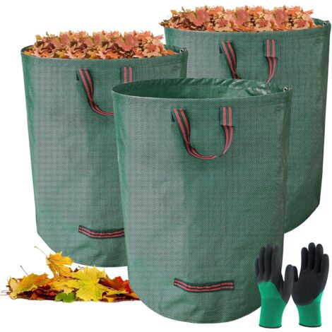 Juego de 3 bolsas de 272 litros para residuos de jardín, bolsas autoportantes para hojas, guantes de jardinería incluidos, con asas, plegables, aptas para residuos de jardín, residuos verdes y hojas.