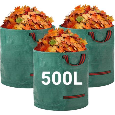 Juego de 3 bolsas XXL para residuos de jardín de 500 L (50 kg), extragrandes, con asas reforzadas, reutilizables y duraderas, ecológicas.