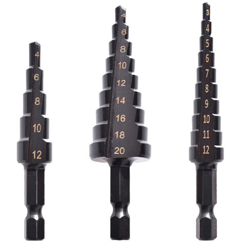 Juego de 3 brocas escalonadas de cobalto HSS, con recubrimiento de nitruro negro, para perforar paneles delgados de hierro, acero, PVC y madera.
