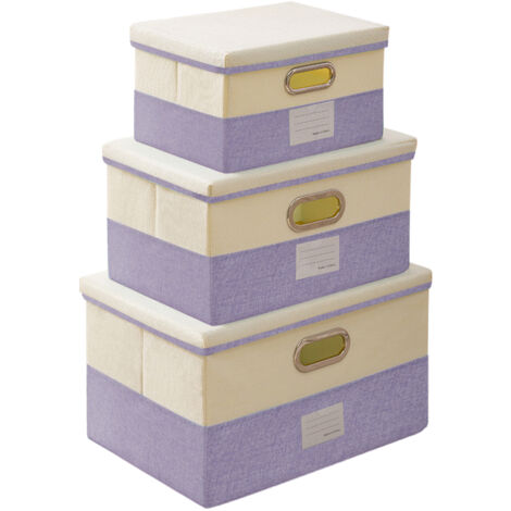 Juego de 3 cajas de almacenamiento plegables de algodón y lino con tapa, organizador de armario plegable con cubierta para el hogar, el dormitorio o la oficina (morado).