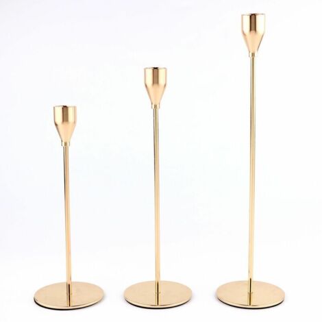 Juego de 3 candelabros dorados para velas gruesas (19 mm) y LED: elegantes para bodas, cenas a la luz de las velas o fiestas.
