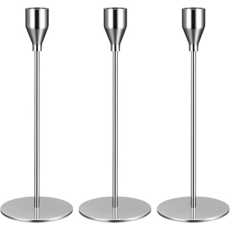 Juego de 3 candelabros plateados, candelabros de metal, candelabros cónicos, candelabros decorativos para bodas, decoración de mesas de cumpleaños familiares, candelabros vintage.
