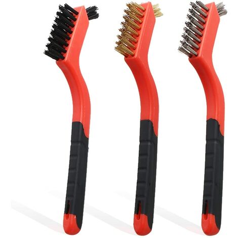 Juego de 3 cepillos de alambre con mango curvo, cabezal de cepillo de latón/nylon/acero inoxidable, cepillo de raspado alto para limpiar manchas de sudor, óxido y limpieza profunda