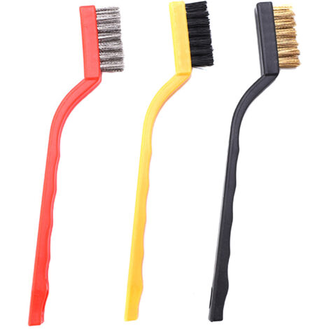 Juego de 3 cepillos metálicos de latón/acero inoxidable/nylon con mango curvo para limpiar suciedad, pintura y eliminar óxido.