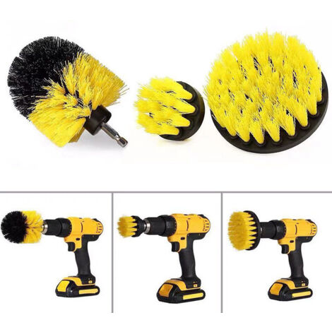Juego de 3 cepillos para taladro, kit de herramientas de limpieza para superficies de baño, pisos, azulejos de bañera y automóviles, 2 pulgadas, 3.5 pulgadas y 4 pulgadas, amarillo