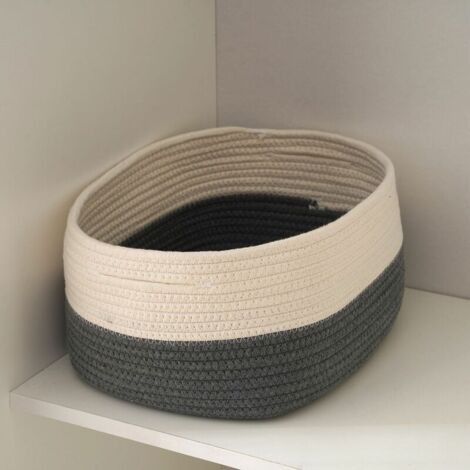 Juego de 3 cestas de almacenamiento de cuerda de algodón, cestas decorativas para armarios, cestas de almacenamiento para el baño (blanco-gris), 35 x 28 x 20 cm,