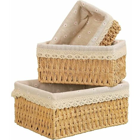 Juego de 3 cestas de almacenamiento de mimbre, cesta de mimbre rectangular pequeña con tela de lino, caja de almacenamiento tejida para el hogar, dormitorio, baño