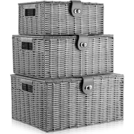 Juego de 3 Cestas de Almacenamiento Tejidas Cajas de Almacenaje Multiusos con Tapa y Cerradura Contiene 3 Tamaños Gris