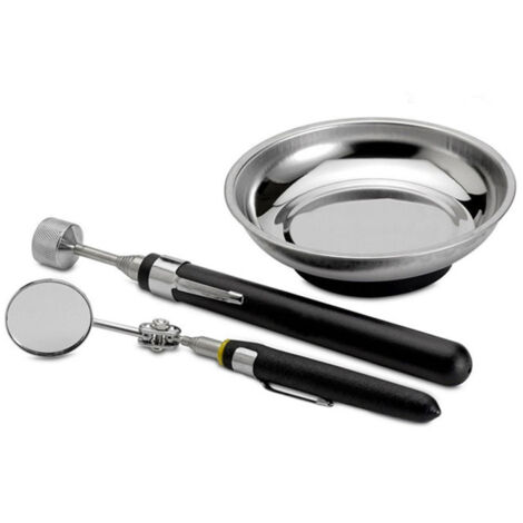 Juego de 3 herramientas de inspección que incluye una bandeja magnética de acero inoxidable, un espejo de inspección telescópico y una herramienta magnética extensible para recoger tornillos, pernos y