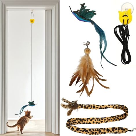 Juego de 3 juguetes para gatos con plumas de pájaro y goma ajustable para puerta.