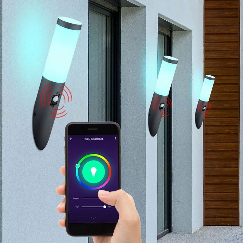 

Juego de 3 lámpara de jardín con sensor de control de voz de aplicación de luz de pared para exteriores regulables en un juego que incluye bombillas