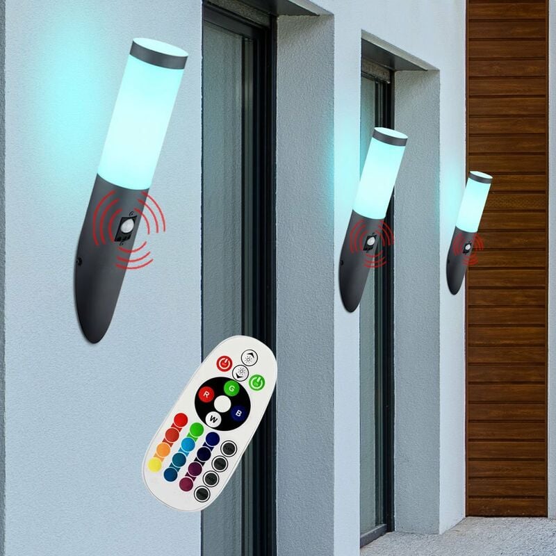 

Juego de 3 lámparas de pared CONTROL REMOTO de acero inoxidable antorcha de jardín de luz regulable en un juego que incluye bombillas LED RGB