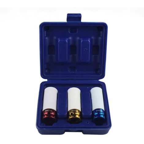 Juego de 3 llaves de impacto (17-19-21 mm) para llave de impacto de 1/2". Juego de 3 puntas de sujeción para llantas, color blanco.