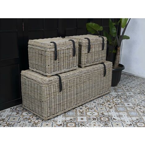 Juego de 3 maletas de kubu y caoba BORAMA - Ancho 140 x Prof. 55 x Alt. 55 cm y Ancho 55 x Prof. 45 x Alt. 42 cm - Gris natural - Venta-unica - Madera clara