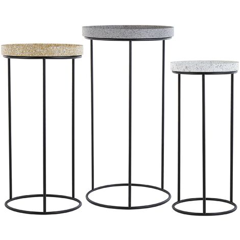 Juego de 3 mesas auxiliares estructura de metal negro base calada efecto mármol tapa gris beige blanca Texon