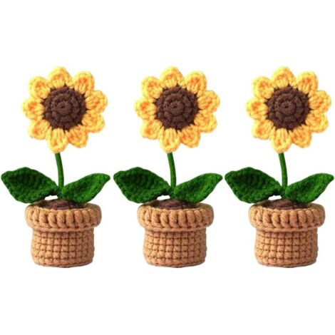Juego de 3 mini flores artificiales en maceta, girasoles tejidos a mano, totalmente hechos a mano, para decoración del hogar, oficina, salpicadero, coche, color n.º 6